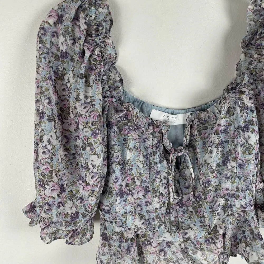 ASTR Floral Puff Sleeve Top Blue Purple Multi Size S Bustier